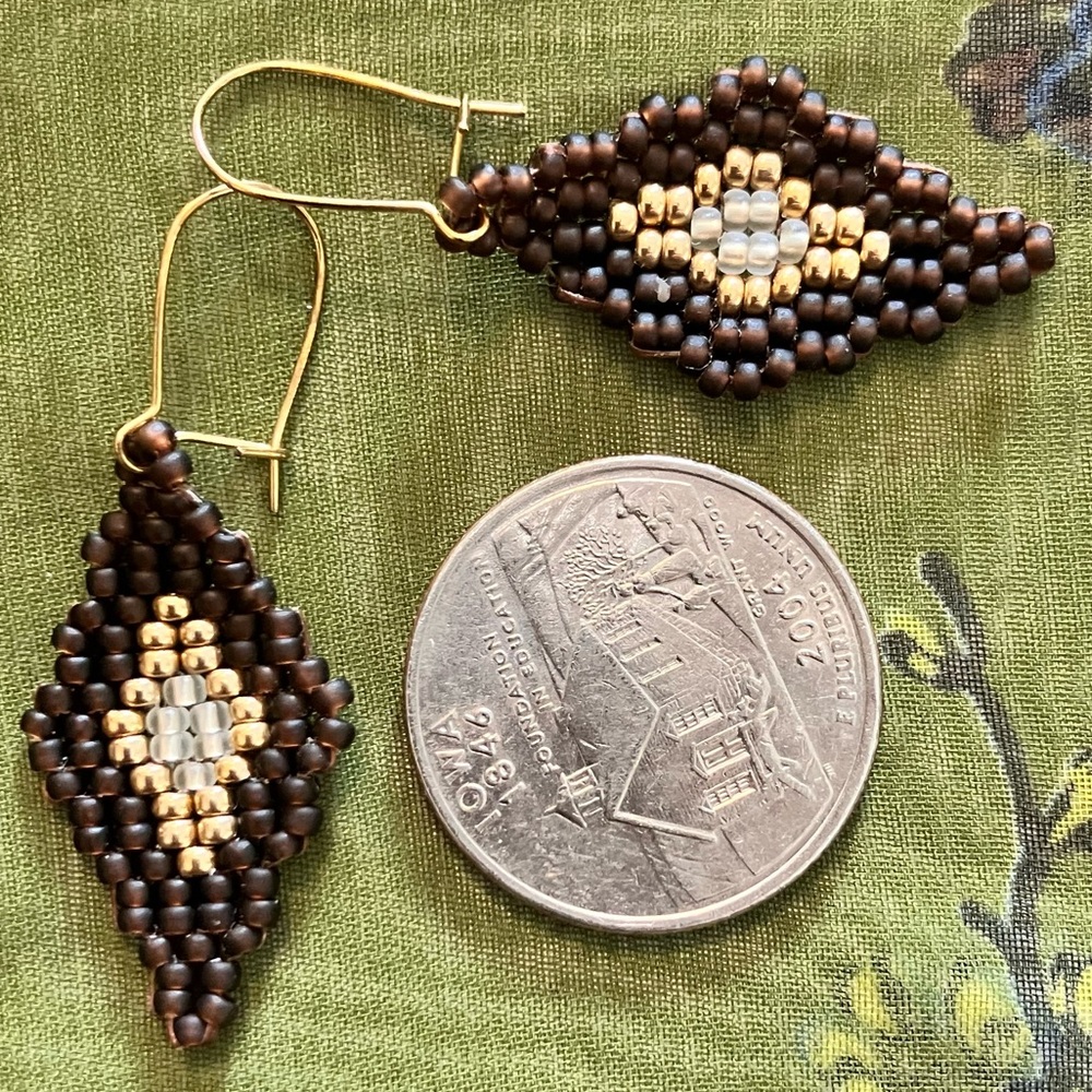 HAND CRAFTED BOHEMIAN BEADED EARRINGS *BROWN & GOLD GLASS BEADS *LIGHTWEIGHT - Picture 3 of 10